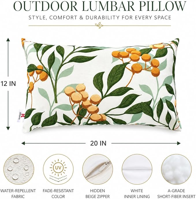 Outdoor Lumbar Pillows 12x20, 2 Pack with Inserts, Botanical | 2-Pack 12x20 Outdoor Lumbar Pillows with Inserts, Water-Repellent Covers, Hidden Zippers, Plump Comfort for Patio & Sofa