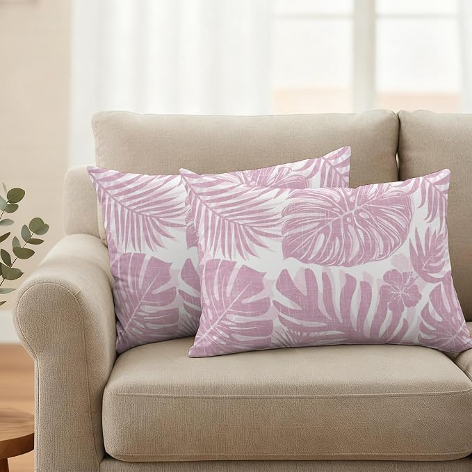 Pink Palm Leaves Outdoor Pillow Covers 20"x12" Set of 2, Tropical Botanical Minimalist Modern Waterproof Throw Pillow Covers for Patio Furniture, Decorative Cushion Covers for Porch