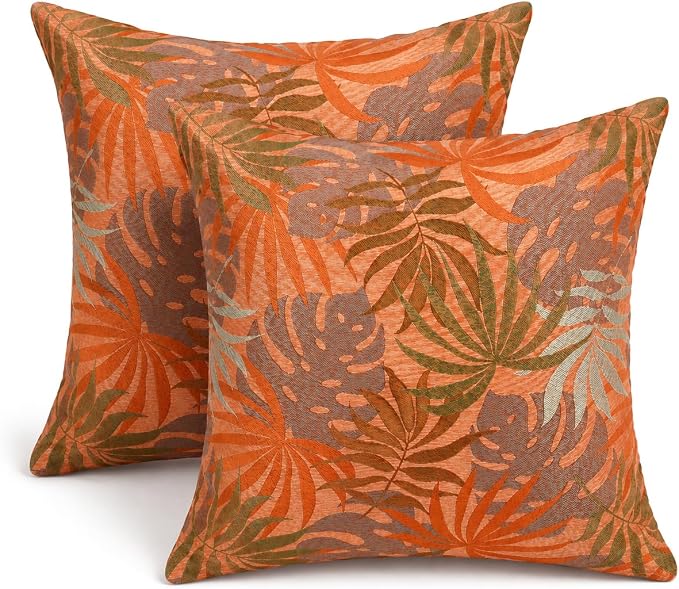 Outdoor Pillow Covers Waterproof Throw Pillow Covers, Set of 2 Jacquard Texture Water Resistant Fade Resistant Decorative Cushion Covers for Garden Patio Bench Couch Sofa, 18x18 Inch (Orange) )