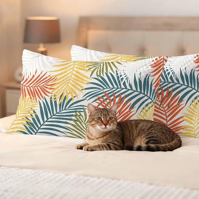 Outdoor Waterproof Throw Pillow Covers, Orange Green Yellow Palm Leaves Decorative Pillow Cases, Summer Botanical Tropical Leaf Couch Pillow Protector Patio Sofa Cushion Covers 20"x12" 2 Pack