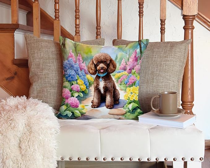 Caroline's Treasures Chocolate Poodle Spring Path Throw Pillow Machine Washable, Indoor Outdoor Decorative Pillow for Couch, Bed or Patio, 14Hx14W