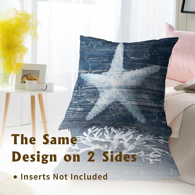 Nautical Coral Starfish Pillow Covers 20x20 Inch, Set of 2 Summer Coastal Beach Navy Blue Wood Cotton Square Pillowcases for Couch Bed Sofa Ocean Themed Seasonal Decoration