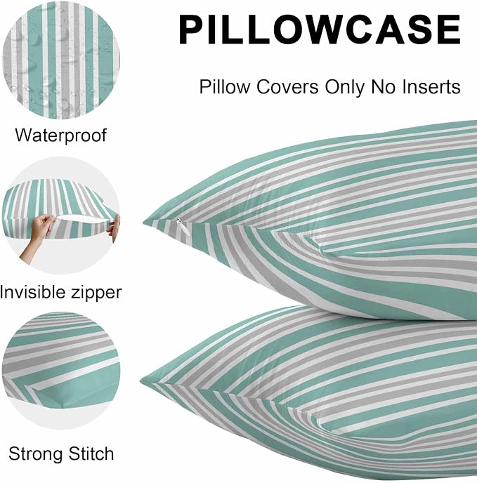 Aqua Grey Stripe Outdoor Pillow Covers 16x16 Inch Throw Pillow Covers Set of 2 Waterproof Decorative Pillow Cases Farmhouse Minimalist Striped Cushion Covers for Patio Furniture Garden Couch Sofa