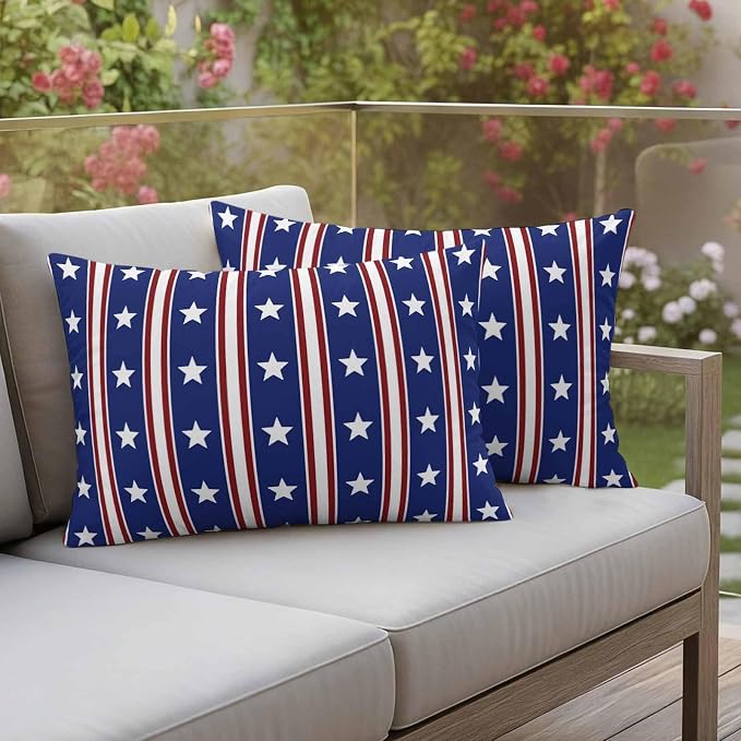Blue Red Outdoor Pillow Covers 20"x12" Set of 2, Waterproof Throw Pillow Covers for Patio Furniture, Stripes Patirotic Star Independence Day Decorative Cushion Covers for Porch