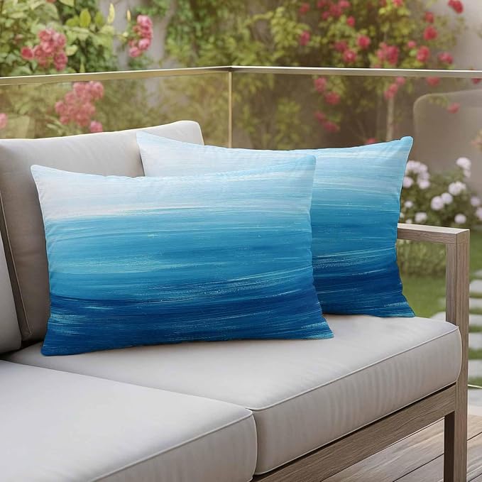 Outdoor Waterproof Throw Pillow Covers, Sky Blue Coastal Decorative Pillow Cases, Nautical Modern Ocean Wave Couch Pillow Protector Patio Sofa Cushion Covers Replacement 20"x12" 2 Pack