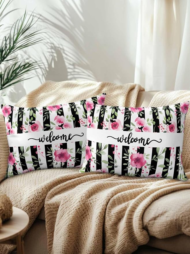Outdoor Waterproof Throw Pillows Welcome Words Pink Flowers Patio Pillows Pack of 2,Decorative Pillow Covers with Insert,Pillow Cushion Case for Garden Couch Sofa Country Black Line