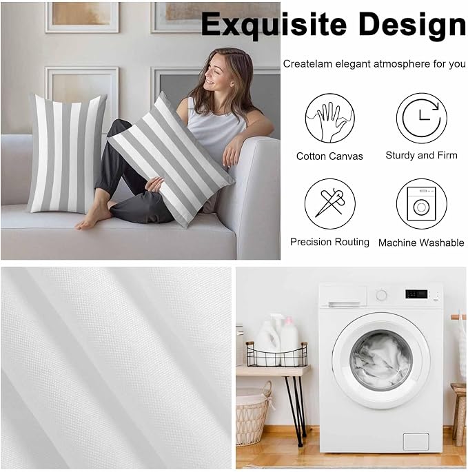 Outdoor Waterproof Throw Pillow Covers Set of 2 Grey White Stripe Lumbar Pillowcases 20x12 Inches Simple Style Striped Decorative Pillows Cushion Case Patio Pillows for Couch Bed Chair Garden