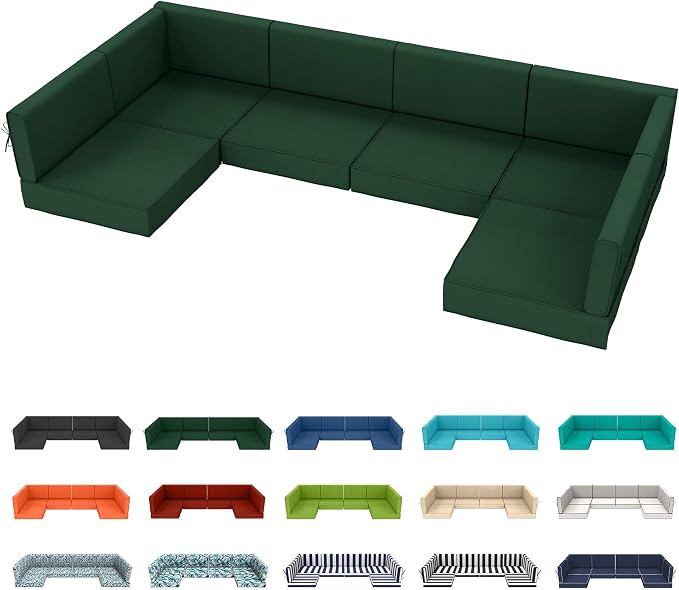 14pc Waterproof Outdoor Couch Cushions for 6 Seat Patio Dark Green | Water-resistant, UV-resistant,14pc High-Density Foam Replacement Cushions for 6-Seat Outdoor Sectional Furniture