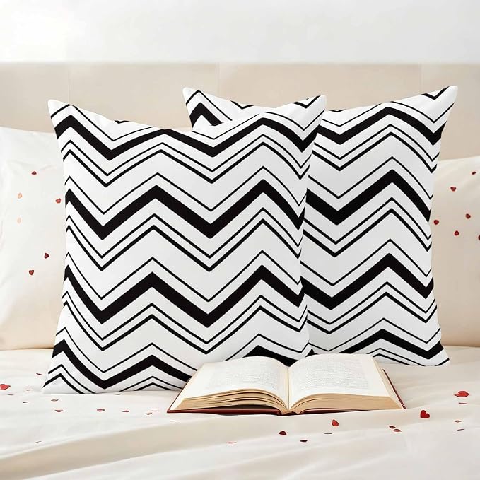 Abstract Geometric Outdoor Pillow Covers Set of 2 Ripple Stripe Chevron Black and White Waterproof Throw Pillow Cover Decorative Cushion Cases for Patio Porch Garden 20X20 Inch