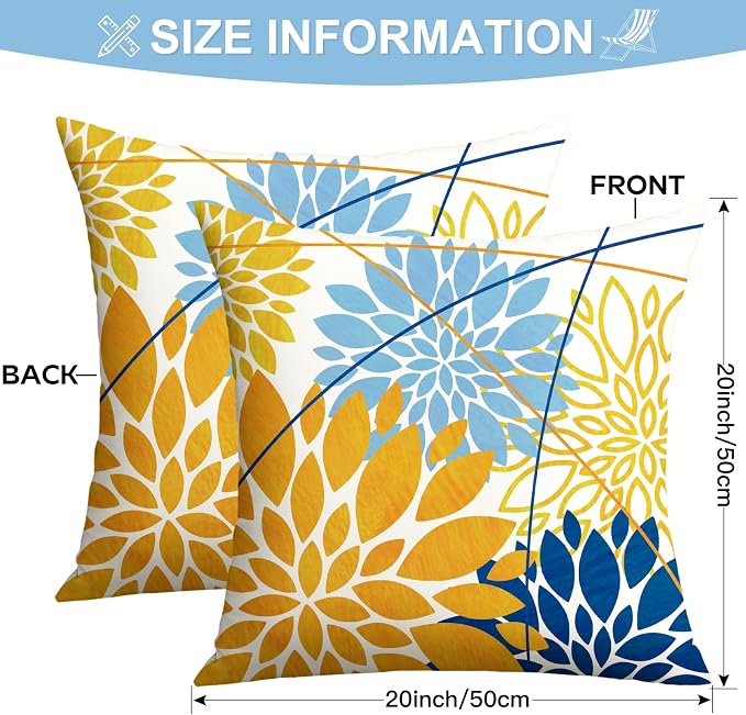 OTOSTAR Outdoor Golden Light Blue Pillow Covers 20x20 Inch Set of 2 Dark Blue Flower Throw Pillows Geometric Dahlia Floral Square Cushion Case Waterproof Decor for Sofa Patio Funiture Garden