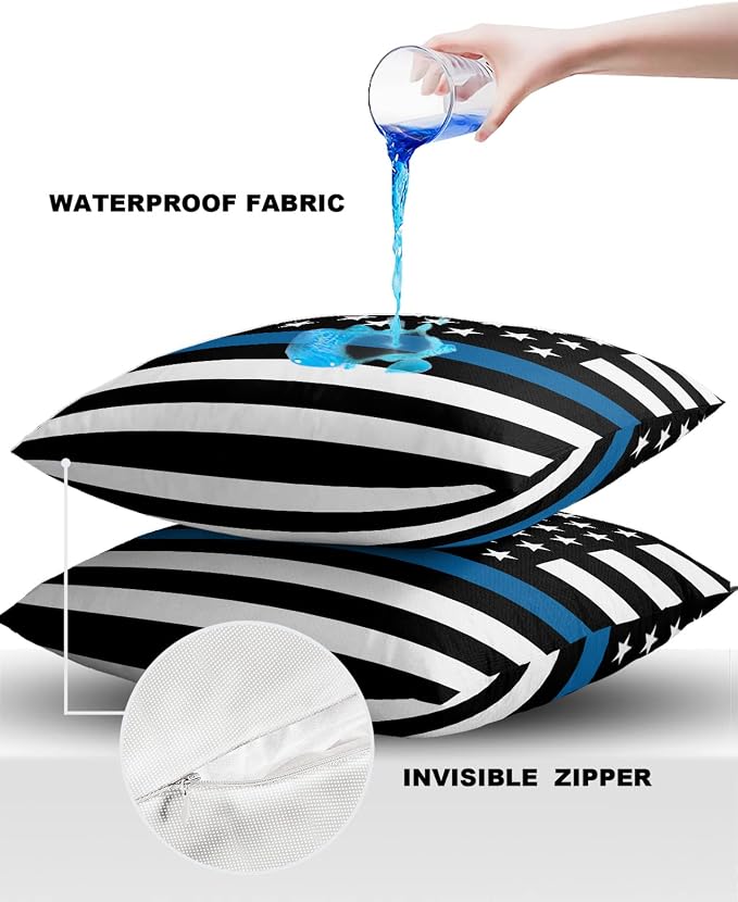 Outdoor Waterproof Pillow Covers Set of 2, Thin Blue Line Flag American Police Flag Honoring Law Enforcement Officers Patio Throw Pillow Covers, Decorative Cushion Case for Sofa Furniture, 20x20 Inch