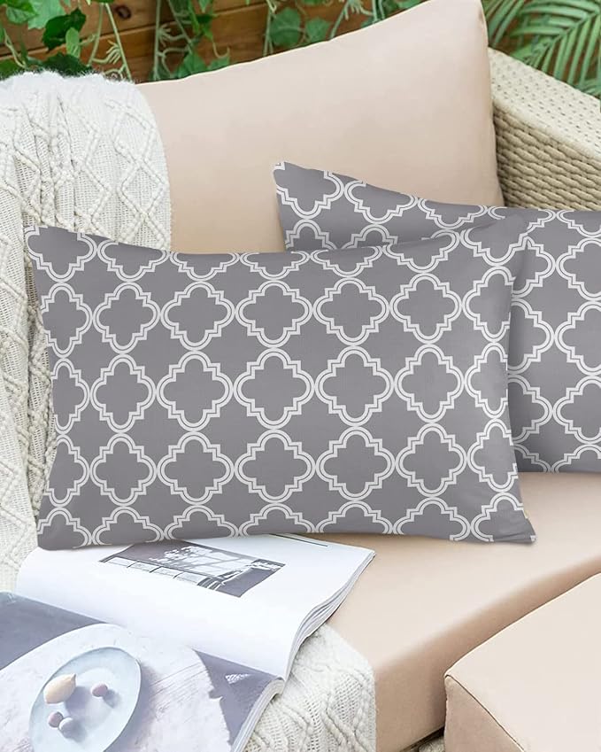 Outdoor Waterproof Pillow Covers for Patio Furniture Moroccan Pattern Decorative Throw Pillow Cover Geometric Trellis Grey Pillowcases Set of 2 Cushion Case for Sofa Couch Chair Home Decor 20x12 inch