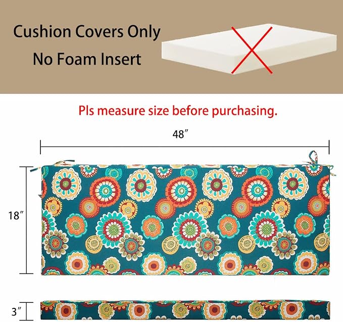 Magpie Fabrics Patio Bench Cushion Cover 48x18x3 Inch, NO Insert! Water Resistant Outdoor Loveseat Replacement Cover with Zipper (Floral Green)