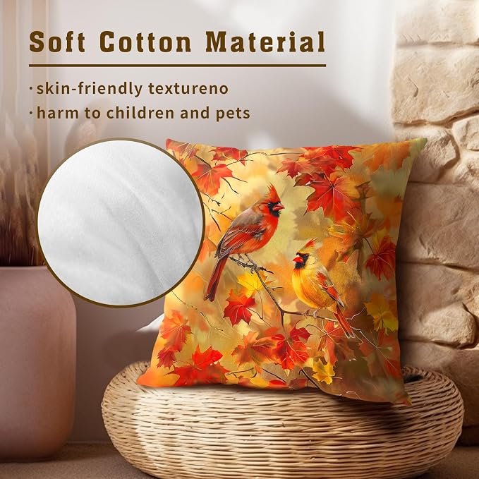 Maple Leaves Birds Pillow Cover 18x18 Inch Set of 2,Autumn Fall Orange Tree Branch Seasonal Decorative Pillow Cotton Linen Square Cushion Case for Couch Sofa Bed Living Room Decor