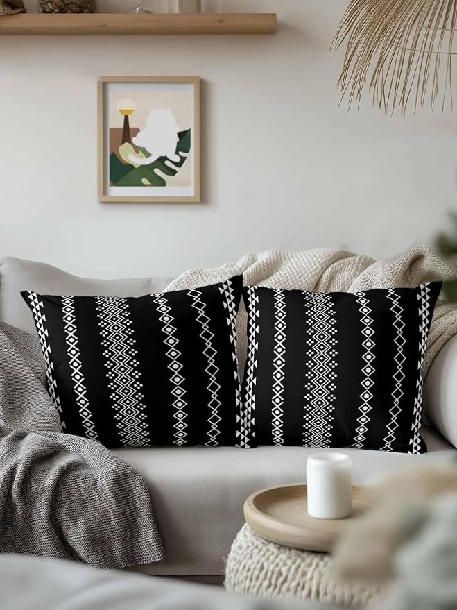 Outdoor Waterproof Throw Pillows 18x18in, Traditional Tribal White Diamond Patio Pillows Pack of 2, Decorative Pillow Covers with Insert, Pillow Cushion Case for Garden Boho Geometric on Black