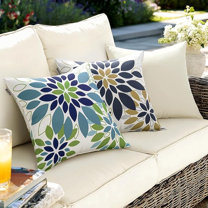 Floral Outdoor Pillow Covers Black Brown 20x20 Set of 2 | Waterproof Throw Pillow Cases Spring Decorative Summer Cushion Covers for Patio Furniture Garden Bench Porch Sofa