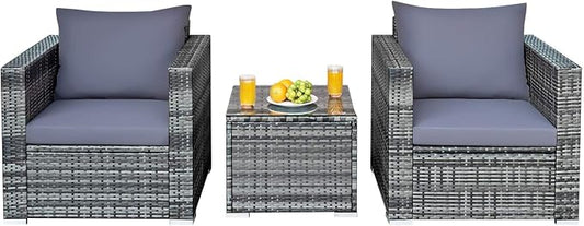 HAPPYGRILL 3 Pieces Patio Conversation Set, Outdoor Rattan Wicker Sofa Set with Coffee Table, Patio Furniture Set with Soft Cushions for Balcony Porch Backyard Garden