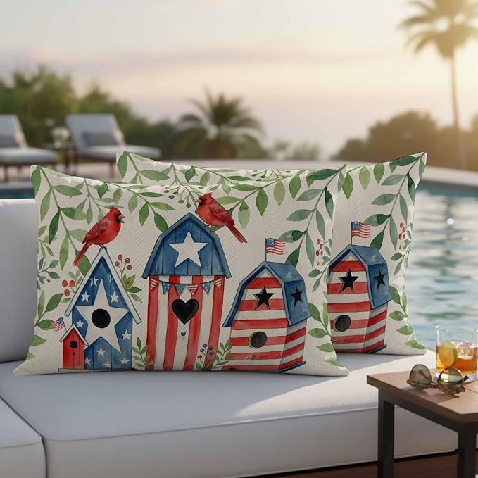 American Flag Bird House Outdoor Pillow Covers Waterproof, All Weather Cushion Case Set of 2, Green Eucalyptus Beige 250th Lumbar Pillowcase for Sofa Couch Bed Decor Patio Furniture 20"x12"