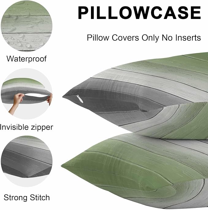 Sage Green Gray Outdoor Pillow Covers 20x20 Inch Throw Pillow Covers Set of 2 Waterproof Decorative Pillow Cases Vintage Country Ombre Chic Wooden Grain Cushion Covers for Patio Furniture Garden Couch
