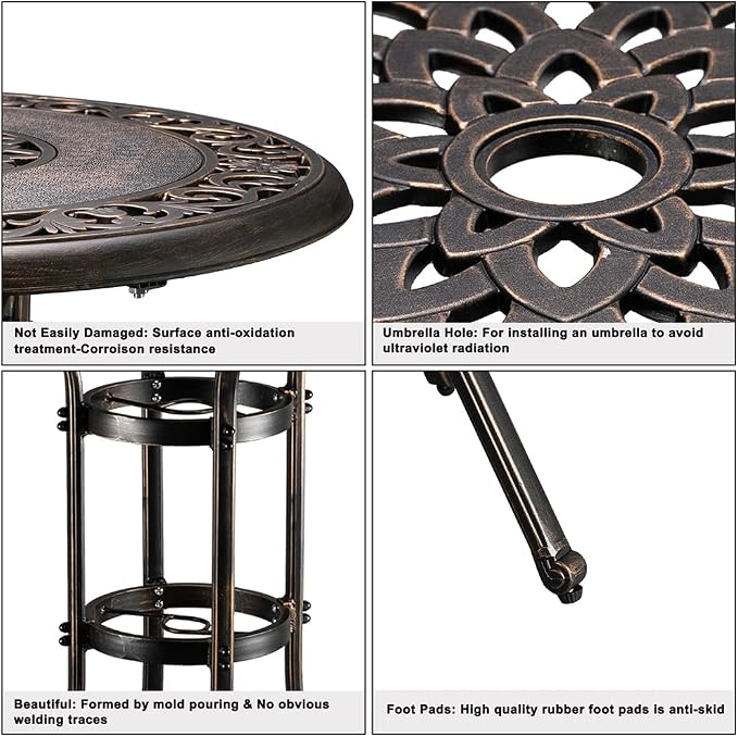 Outdoor Cast Aluminum Round Bar Table with Die Cast Tabletop in One Body and Strong Fixed Ring,Weatherproof Bar Height Cocktail Table with Umbrella Hole and Adjustable Foot Pads,Bronze