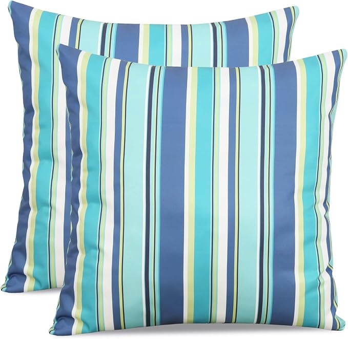 Adabana Patio Striped Outdoor Pillow Covers Waterproof Set of 2, 18"x18" | Colorful Decor, Blue Outdoor Pillows for Patio Furniture Garden Porch