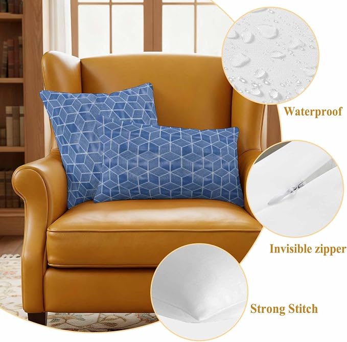 Blue Honeycomb Tiling Waterproof Outdoor Pillow Covers Set of 2 Home Decor, Wooden Grain Blocks Pillowcase Patio Pillow Covers for Couch Bench Patio Furniture Garden 24x24in