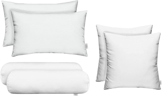 RSH DECOR Set of 6 Outdoor Pillow, Outdoor Pillows for Patio, Pillows w/Polyester Pillow Cases | Water & Fade Resistant Fabric | 17" Square, 20x12 Lumbar, 20x6 Neck Roll - White