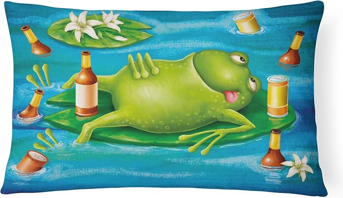 Caroline's Treasures APH0093PW1216 Frog Drinking Beer Canvas Fabric Decorative Pillow Machine Washable, Indoor Outdoor Decorative Pillow for Couch, Bed or Patio, 12HX16W