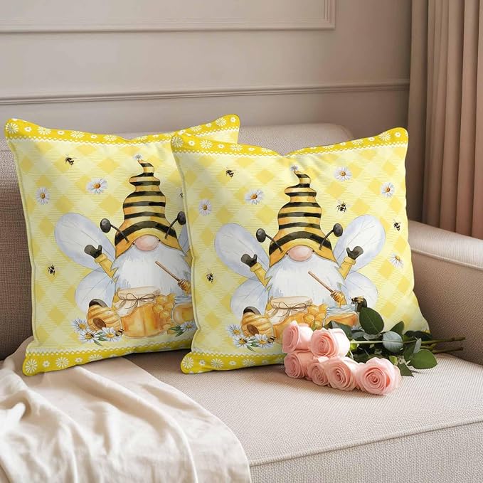 Yukro Honey Gnome Outdoor Waterproof Pillow Covers Pack of 2, Watercolor Honey Bees Floral Yellow Plaid Decorative Throw Pillowcases Cushion Covers for Garden Patio Tent Sofa Couch, 26x26 inch