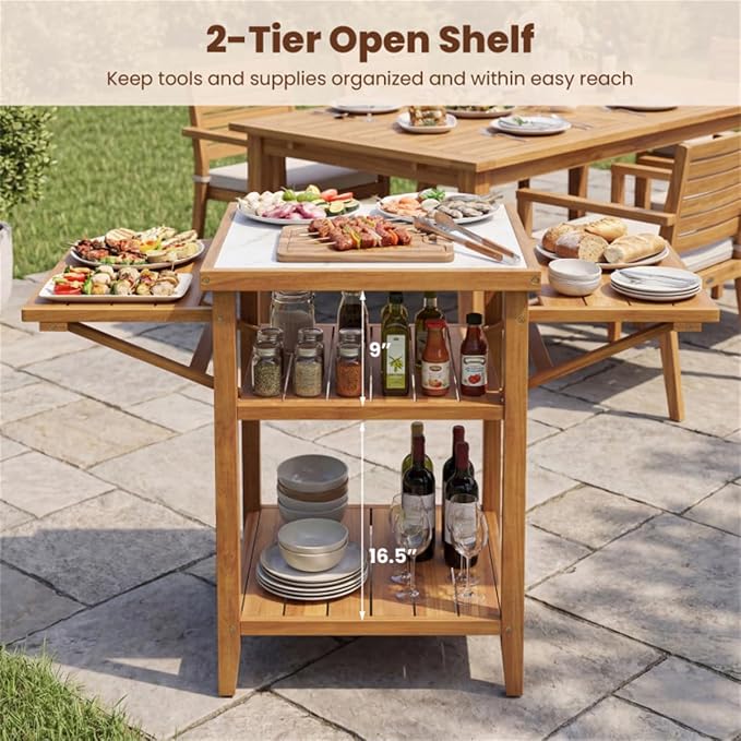 Acacia Wood Outdoor Grill Table with Drop Leaf, Faux Marble BBQ Prep Station for Patio Backyard, Folding Side Shelf Portable Camping Kitchen Table, Portable Grill Table for Patio, Kitchen