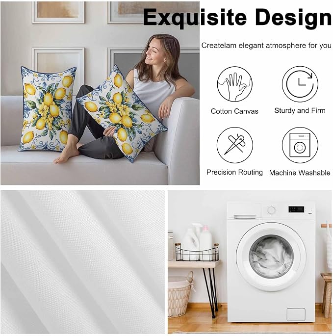Lumbar Pillow Covers 20x12 Inch Set of 2, Yellow Lemon Waterproof Outdoor Cushion Covers, Middle Century Blue Italian Textured Decorative Pillowcases for Couch, Sofa, Bed, Garden, Patio