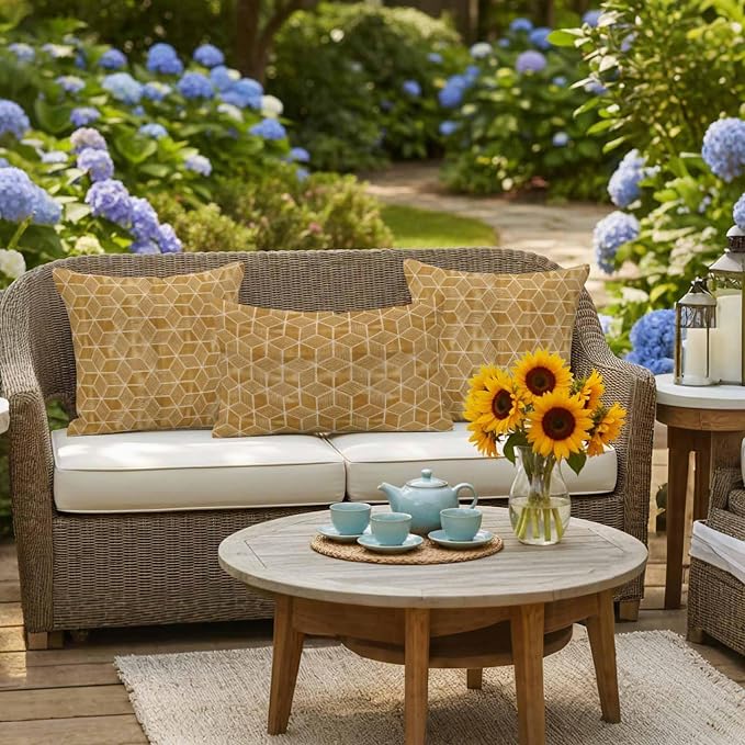 Tan Honeycomb Tiling Waterproof Outdoor Pillow Covers Set of 2 Home Decor, Wooden Grain Blocks Lumbar Pillowcase Patio Pillow Covers for Couch Bench Patio Furniture Garden 20x20in