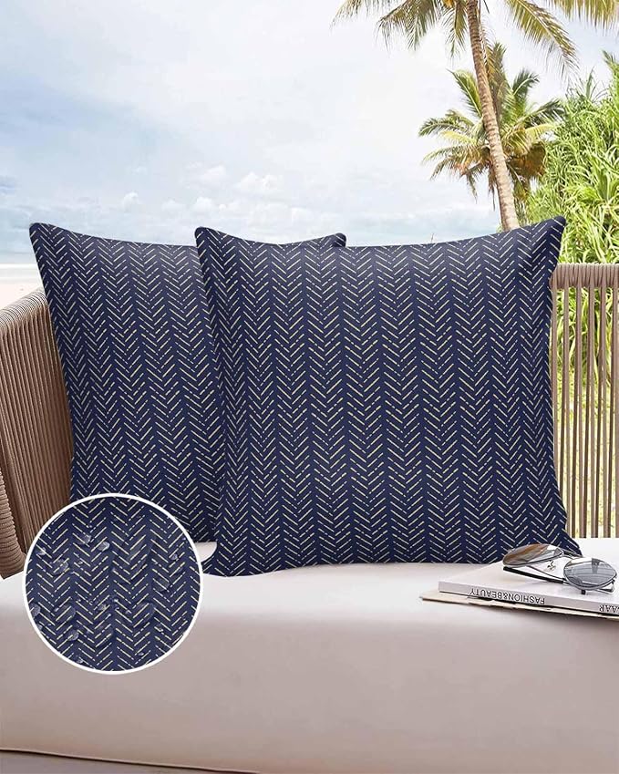 Navy Blue Gold Striped Outdoor Pillow Covers Waterproof,All Weather Cushion Case Set of 2 Decorative Pillowcases for Sofa Couch Bed Decor Patio Furniture 16"x16" Contemporary Minimalist Boho Geometric