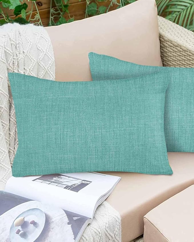 Vandarllin Outdoor Throw Pillows Covers 20x12 inch Set of 2 Waterproof Turquoise Linen Decorative Zippered Cushion Covers for Patio Furniture, Farmhouse Pure Color Lumbar Pillowcases