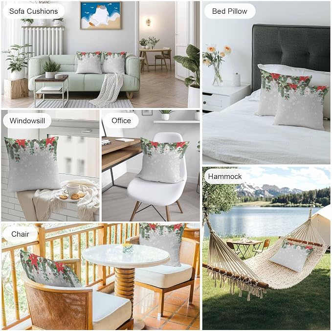 Outdoor Throw Pillow Covers, Christmas Poinsettia Flower Pine Cones Eucalyptus Leaf Winter Snowflake Gray Waterproof Pillowcases Cushion Covers Cases for Patio Couch Bench, Pack of 2 Square, 20"X20"