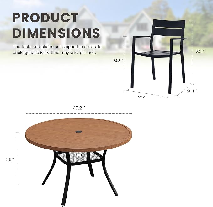 Patio Dining Set for 6, 47.2" Outdoor Dining Table and Chairs Set with Stackable Patio Chairs Outdoor Furniture for Garden Deck Backyard, Walnut Table and Black Chairs
