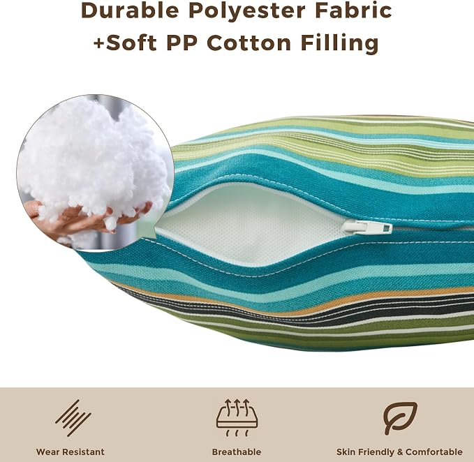 Throw Pillow with Insert, Set of 2, Outdoor Indoor Waterproof Decorative Patio Throw Pillow 18x18 Inch, Square Cushion for Couch Sofa Garden Farmhouse Decoration-Green Stripe