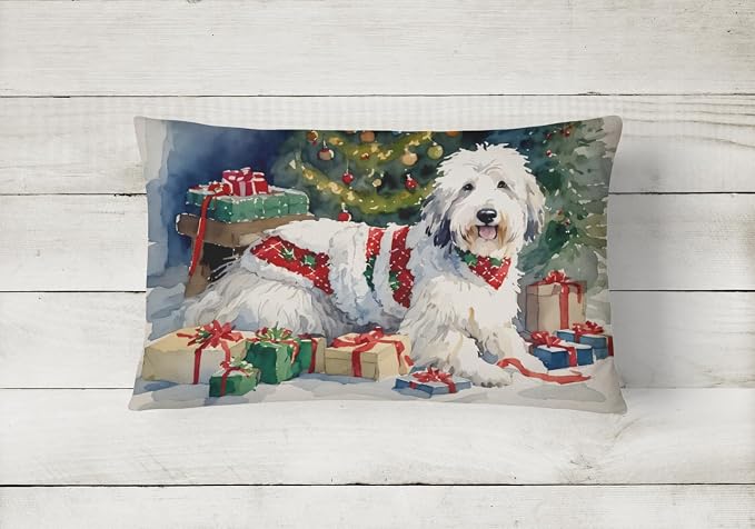 Caroline's Treasures DAC2717PW1216 Old English Sheepdog Cozy Christmas Throw Pillow Machine Washable, Indoor Outdoor Decorative Pillow for Couch, Bed or Patio, 12HX16W