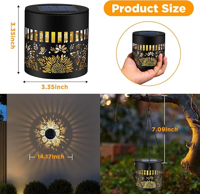 4 Pack Solar Fence Lights Outdoor, Metal Solar Powered Wall Deck Step Light | Sunflower Theme, Hanging LED Waterproof Decorative Lighting for Garden Patio Backyard Post Decor, Warm White