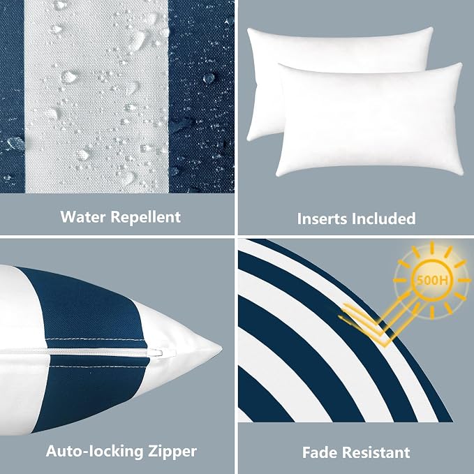 LVTXIII 12×20 Inch Outdoor Lumbar Pillows, Pack of 2 Water Repellent Lumbar Pillow with Inserts, Fluffy Decorative Garden Lumbar Cushions for Home Patio Coach Sofa Use, Cabana Navy