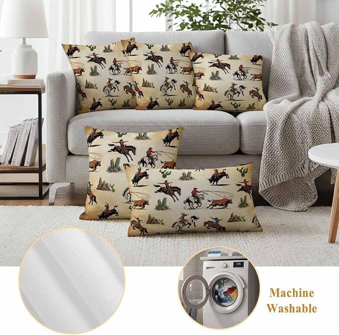 Western Cowboys Outdoor Pillow Covers Waterproof, All Weather Cushion Case Set of 2, Brown Vintage Country Cactus Lumbar Pillowcase for Sofa Couch Bed Decor Patio Furniture 20"x12"