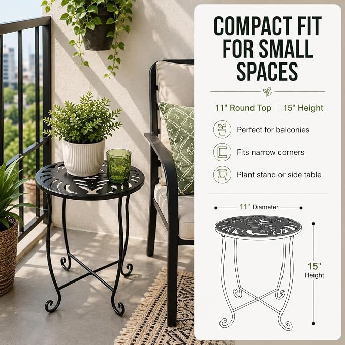 Outdoor Side Table 15 Inch Tall, Tool-Free Metal Patio End Table with Monstera Design, Space Saving Round Stand for Porch Balcony Garden (Monstera)