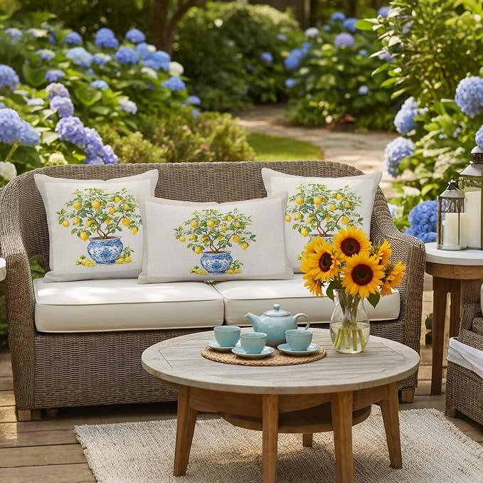 Summer Lemons Outdoor Pillow Covers 16x16 Inch Throw Pillow Covers Set of 2 Waterproof Decorative Pillow Cases Brown Beige Farmhouse Botanical Linen Cushion Covers for Patio Furniture Garden Couch