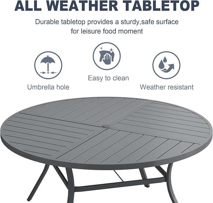 VICLLAX 50" Round Patio Dining Table for 6, All Weather Metal Outdoor Table with 1.57" Umbrella Hole and Surdy Frame for Garden Lawn Deck, Dark Grey