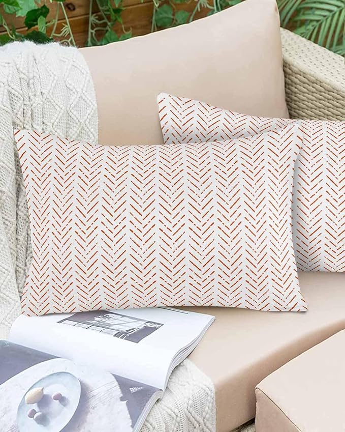 Orange White Striped Outdoor Pillow Covers Waterproof,All Weather Cushion Case Set of 2 Lumbar Pillowcase for Sofa Couch Bed Decor Patio Furniture 20"x12" Modern Geometric Minimalist Stripes