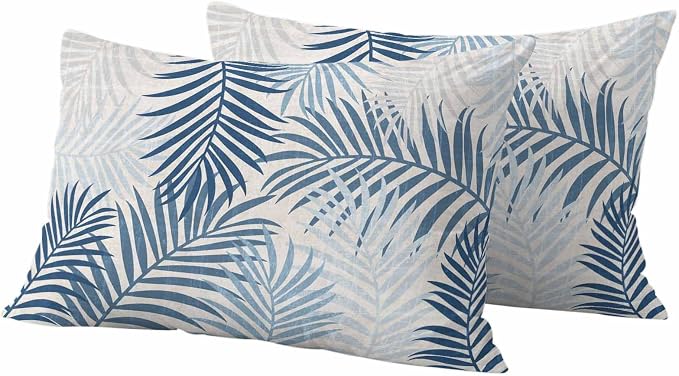 Outdoor Waterproof Throw Pillow Covers, Blue Grey Palm Leaves Decorative Pillow Cases, Summer Botanical Tropical Leaf Couch Pillow Protector Patio Sofa Cushion Covers Replacement 20"x12" 2 Pack