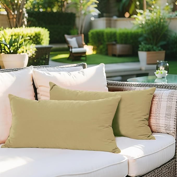 SK Studio Outdoor Water Resistant Throw Pillows, Decorative Patio Lumbar Cushions, Fluffy Furniture Garden Cushions for Home Patio Coach Sofa Use, Pack of 2, Khaki, 16x16 Inch