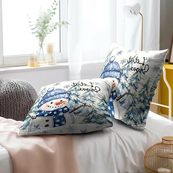 Winter Throw Pillow Covers Set of 2, 16x16 Inch – Snow Snowman Pine Trees Holiday Cotton Hidden Zipper Pillowcases for Couch Sofa Bed Porch Farmhouse Seasonal Home Decor