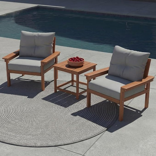 3 Piece HDPE Outdoor Patio Furniture Set, All-Weather 2 Armchairs with Side Table, Patio Conversation Set with Grey Washable Thick Cushion for Balcony/Porch/Backyard (Teak Frame)