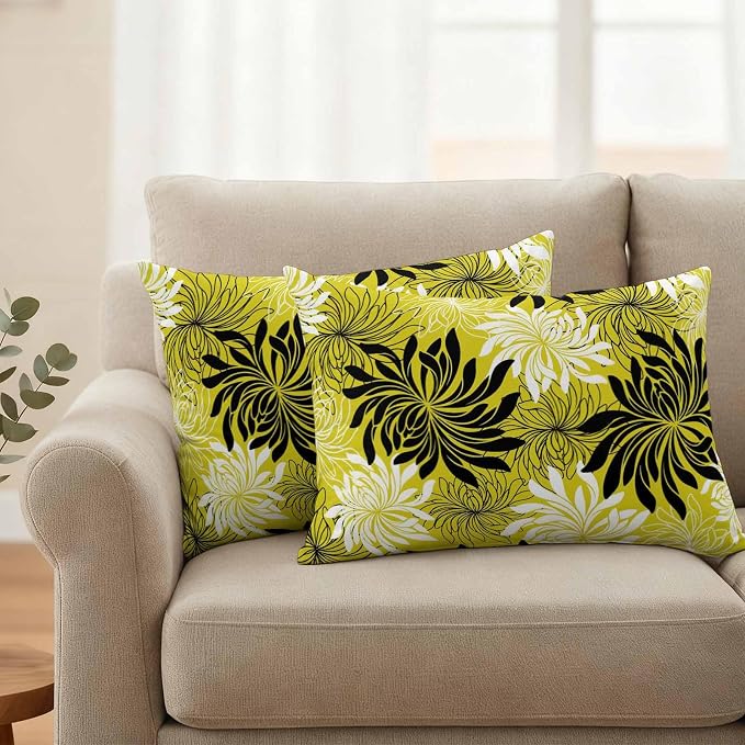 Yukro Yellow Black Floral Outdoor Waterproof Pillow Covers Pack of 2, Vintage Yellow White Black Flower Decorative Throw Pillowcases Cushion Covers for Garden Patio Tent Sofa Couch, 20x12 inch